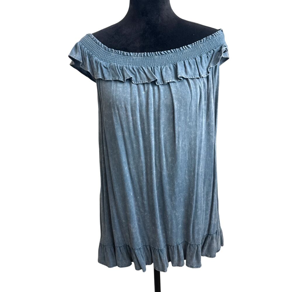 Kori Charbray Blue with White Tie Dye Design Off Shoulder Tank Blouse